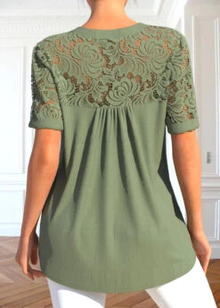 Short Sleeve Patchwork Sage Green Split Neck Blouse -Rosewe Promotion Store 332621 P 1683369457189