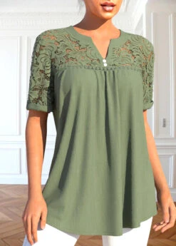 Short Sleeve Patchwork Sage Green Split Neck Blouse -Rosewe Promotion Store 332621 P 1683369457215