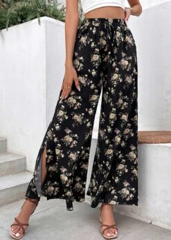Ditsy Floral Print Split Black Flare Leg Pants