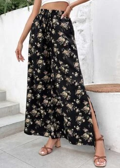 Ditsy Floral Print Split Black Flare Leg Pants -Rosewe Promotion Store 332646 P 1682325369479