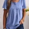 Scoop Neck Button Dusty Blue T Shirt -Rosewe Promotion Store 332651 P 1682325447556