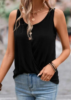Button Black Lightweight Scoop Neck Tank Top -Rosewe Promotion Store 332663 P 16843957298424
