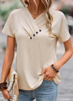 Button V Neck Light Camel T Shirt
