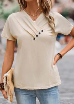 Button V Neck Light Camel T Shirt -Rosewe Promotion Store 332668 P 16843954005303