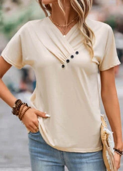 Button V Neck Light Camel T Shirt -Rosewe Promotion Store 332668 P 16843954006875