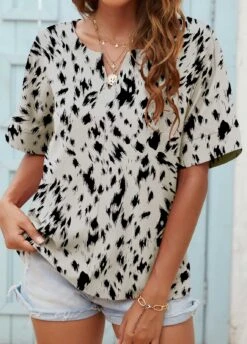 Graffiti Print Lightweight Grey Split Neck Blouse