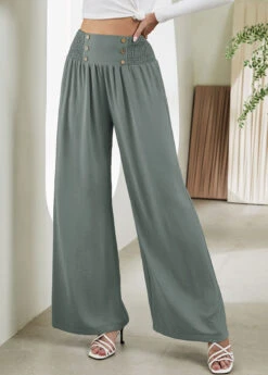 Elastic Waist Smocked Sage Green High Waisted Pants