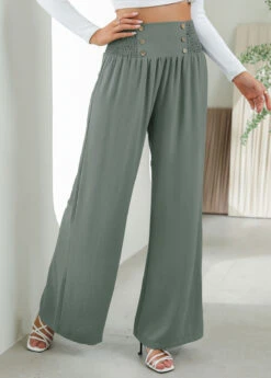 Elastic Waist Smocked Sage Green High Waisted Pants -Rosewe Promotion Store 332702 P 1690365009133