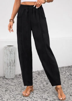 Black Elastic Waist Pocket High Waisted Pants