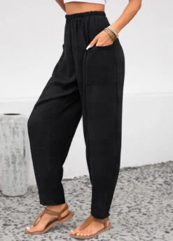 Black Elastic Waist Pocket High Waisted Pants -Rosewe Promotion Store 332717 P 16863038535132