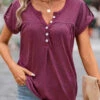 Button Split Neck Dark Reddish Purple T Shirt -Rosewe Promotion Store 332721 P 16844733654910