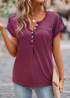 Button Split Neck Dark Reddish Purple T Shirt -Rosewe Promotion Store 332721 P 16844733657053