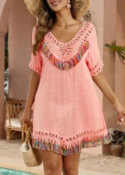 Patchwork Pink V Neck Cover Up -Rosewe Promotion Store 332727 P 16848251846062