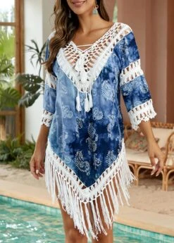 Tie Dye Print Patchwork Blue Cover Up -Rosewe Promotion Store 332732 P 16848252166955