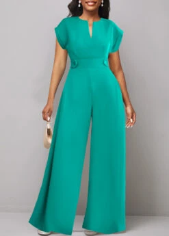 Split Neck Button Mint Green Long Jumpsuit