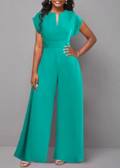 Split Neck Button Mint Green Long Jumpsuit -Rosewe Promotion Store 332833 P 1682498244859
