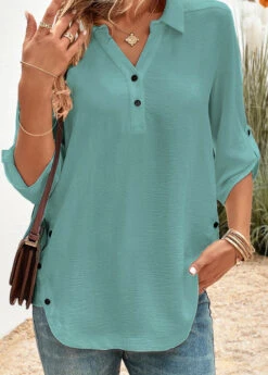 Button Detail Peacock Blue Shirt Collar Blouse -Rosewe Promotion Store 332861 P 16839824852003