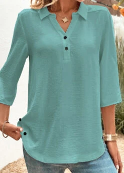 Button Detail Peacock Blue Shirt Collar Blouse -Rosewe Promotion Store 332861 P 16839824853562