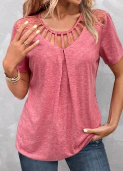 Cage Neck Lace Peach Red Short Sleeve T Shirt