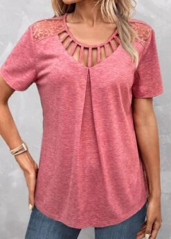 Cage Neck Lace Peach Red Short Sleeve T Shirt -Rosewe Promotion Store 332867 P 1682503661952