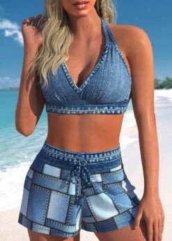 High Waisted Denim Blue Plus Size Bikini Set