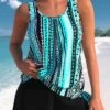 Mid Waisted Geometric Print Bowknot Cyan Tankini Set -Rosewe Promotion Store 332886 P 1682488435254