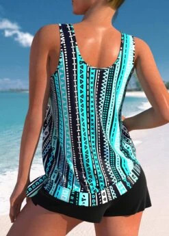 Mid Waisted Geometric Print Bowknot Cyan Tankini Set -Rosewe Promotion Store 332886 P 1682488435641