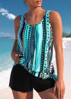 Mid Waisted Geometric Print Bowknot Cyan Tankini Set -Rosewe Promotion Store 332886 P 1682488435953