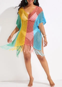Multi Stripe Print Tassel Cover Up -Rosewe Promotion Store 332889 P 16838870438943