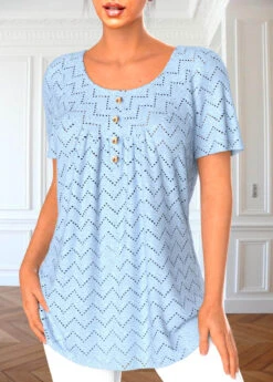 Light Blue Round Neck Short Sleeve Button Blouse -Rosewe Promotion Store 332902 P 1682582055362
