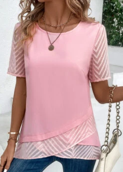Round Neck Cross Hem Pink T Shirt
