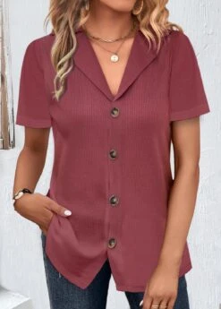 Dark Reddish Purple Lapel Short Sleeve Button Blouse -Rosewe Promotion Store 333027 P 1682575268063