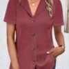 Dark Reddish Purple Lapel Short Sleeve Button Blouse -Rosewe Promotion Store 333027 P 1682575268401
