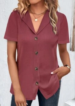 Dark Reddish Purple Lapel Short Sleeve Button Blouse