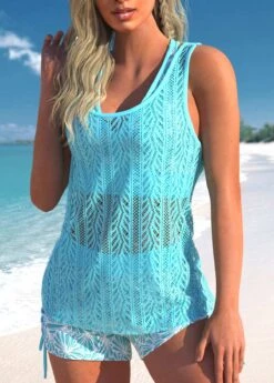 Mid Waisted Three-piece Cyan Tankini Set -Rosewe Promotion Store 333038 P 1682585697189