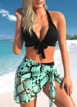 Mid Waisted Snakeskin Print Tie Black Bikini Set