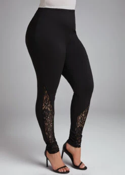 Lace Skinny Elastic Waist High Waisted Black Pants