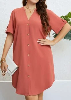 Coral Plus Size Button Short Sleeve Blouse