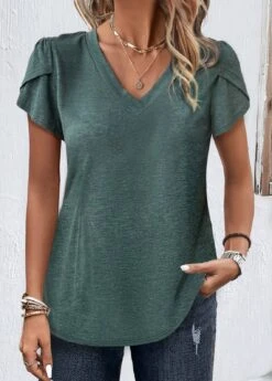 V Neck Short Sleeve Green T Shirt