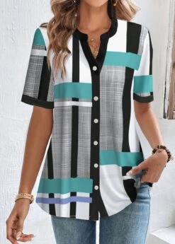Plus Size White Button Geometric Print Blouse