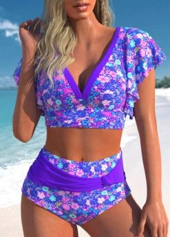 Purple Ditsy Floral Print Patchwork Bikini Set
