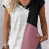 Pink V Neck Short Sleeve Patchwork T Shirt -Rosewe Promotion Store 333116 P 1683342842270