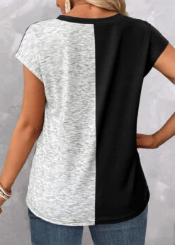 Pink V Neck Short Sleeve Patchwork T Shirt -Rosewe Promotion Store 333116 P 1683342842487