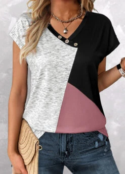 Pink V Neck Short Sleeve Patchwork T Shirt -Rosewe Promotion Store 333116 P 1683342842991