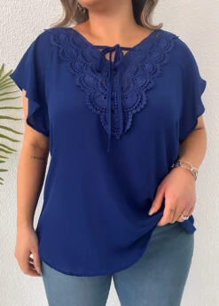 Dark Blue Plus Size Lace T Shirt