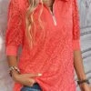 Half Sleeve Zipper Coral Shirt Collar Blouse -Rosewe Promotion Store 333197 P 16917484295930