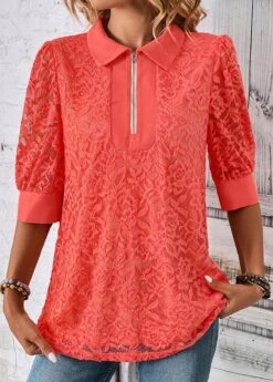 Half Sleeve Zipper Coral Shirt Collar Blouse -Rosewe Promotion Store 333197 P 16917484297103