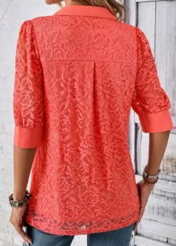 Half Sleeve Zipper Coral Shirt Collar Blouse -Rosewe Promotion Store 333197 P 16917484297161