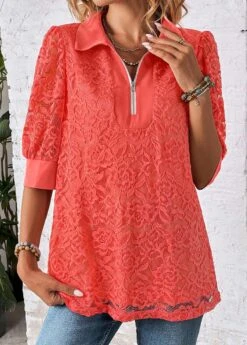 Half Sleeve Zipper Coral Shirt Collar Blouse -Rosewe Promotion Store 333197 P 16917484297704