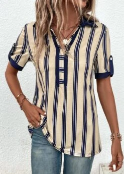 Striped Patchwork Beige Shirt Collar Short Sleeve Blouse -Rosewe Promotion Store 333232 P 16878638510124